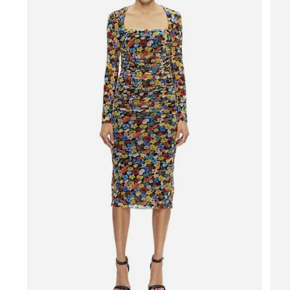 GANNI Colorful Floral SquareNeck Long Sleeve Ruched Stretch Mesh Midi Dress Sz L - Picture 15 of 15